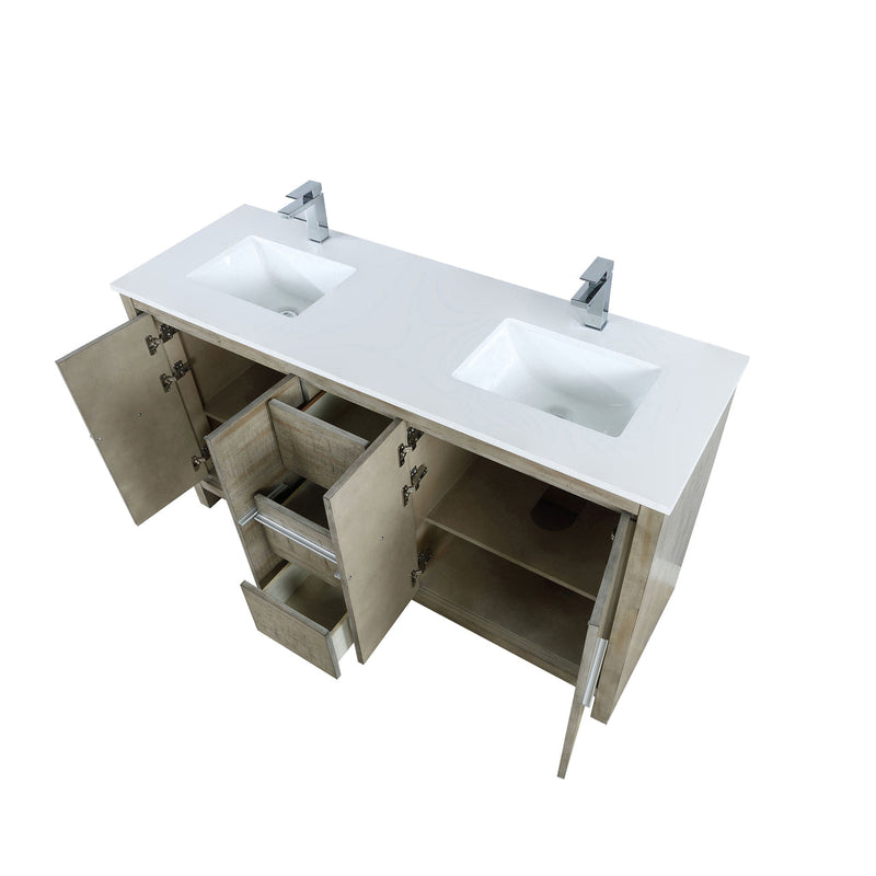 Lexora Lafarre 60" Rustic Acacia Double Bathroom Vanity, White Quartz Top, White Square Sinks, and Balzani Gun Metal Faucet Set LLF60DKSOD000FGM