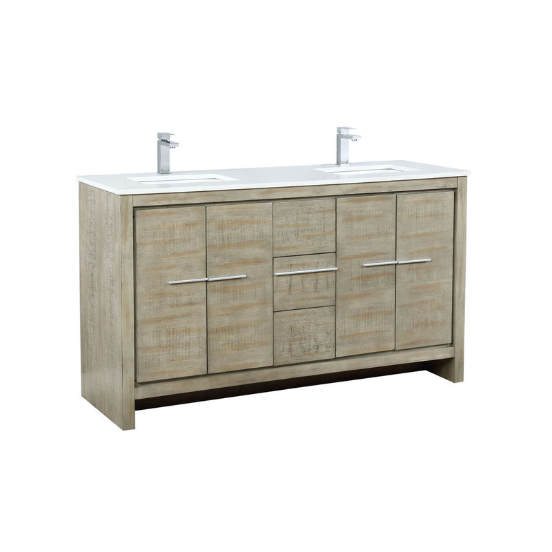 Lexora Lafarre 60" Rustic Acacia Double Bathroom Vanity, White Quartz Top, White Square Sinks, and Balzani Gun Metal Faucet Set LLF60DKSOD000FGM