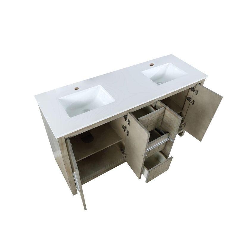 Lexora Lafarre 60" Rustic Acacia Double Bathroom Vanity, White Quartz Top, and White Square Sinks  LLF60DKSOD000