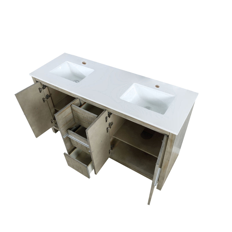 Lexora Lafarre 60" Rustic Acacia Double Bathroom Vanity, White Quartz Top, and White Square Sinks  LLF60DKSOD000