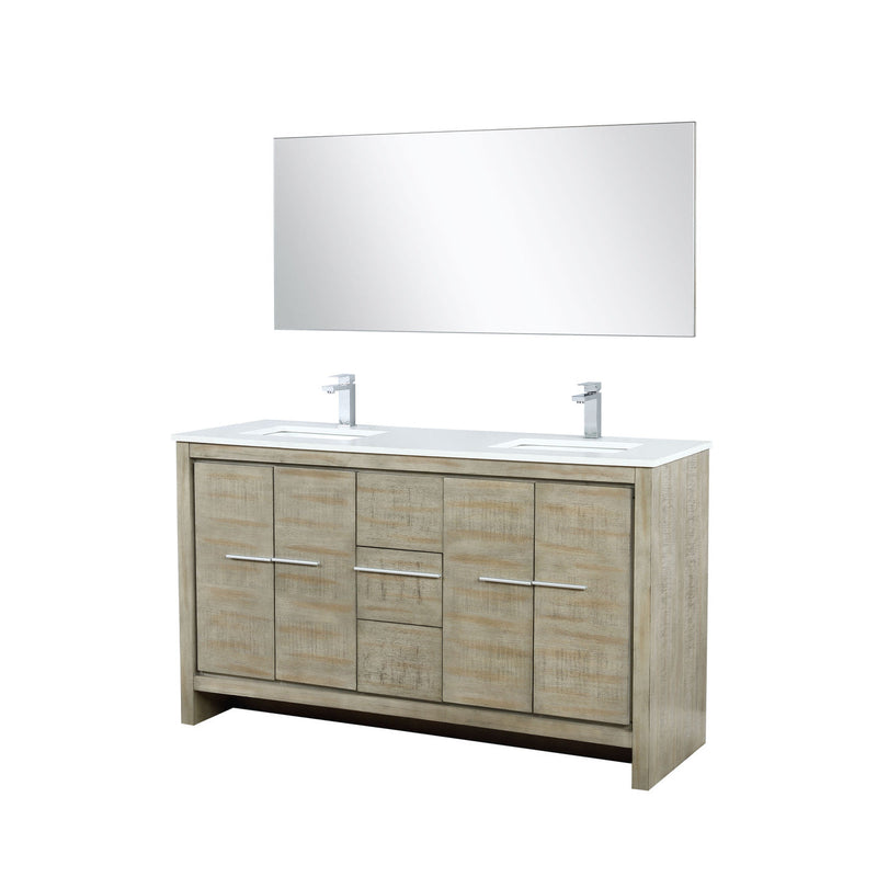 Lexora Lafarre 60" Rustic Acacia Double Bathroom Vanity, White Quartz Top, White Square Sinks, Labaro Brushed Nickel Faucet Set, and 55" Frameless Mirror LLF60DKSODM55FBN