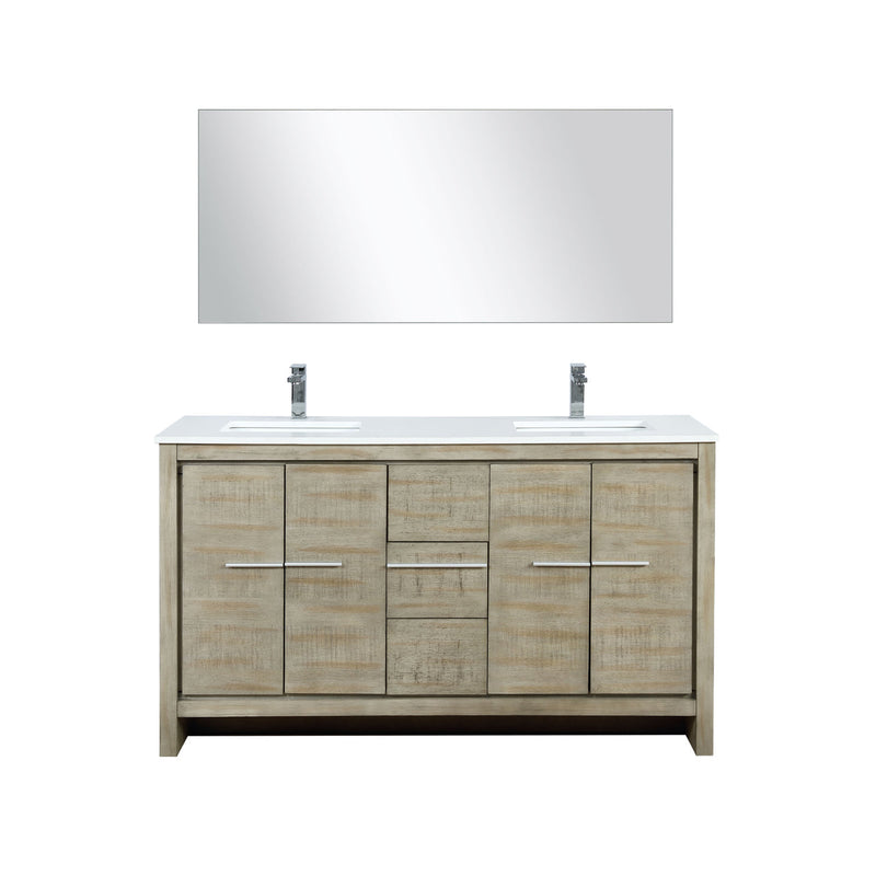 Lexora Lafarre 60" Rustic Acacia Double Bathroom Vanity, White Quartz Top, White Square Sinks, Labaro Brushed Nickel Faucet Set, and 55" Frameless Mirror LLF60DKSODM55FBN