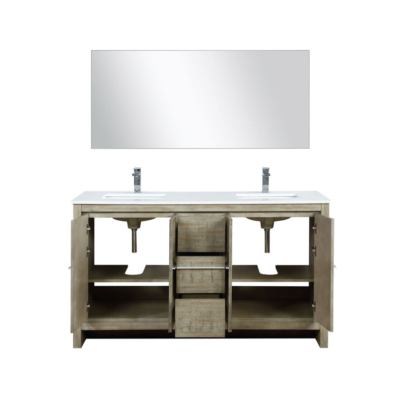 Lexora Lafarre 60" Rustic Acacia Double Bathroom Vanity, White Quartz Top, White Square Sinks, Labaro Brushed Nickel Faucet Set, and 55" Frameless Mirror LLF60DKSODM55FBN