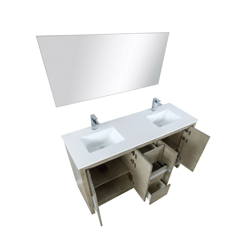 Lexora Lafarre 60" Rustic Acacia Double Bathroom Vanity, White Quartz Top, White Square Sinks, Labaro Brushed Nickel Faucet Set, and 55" Frameless Mirror LLF60DKSODM55FBN