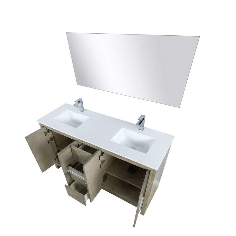 Lexora Lafarre 60" Rustic Acacia Double Bathroom Vanity, White Quartz Top, White Square Sinks, Labaro Brushed Nickel Faucet Set, and 55" Frameless Mirror LLF60DKSODM55FBN