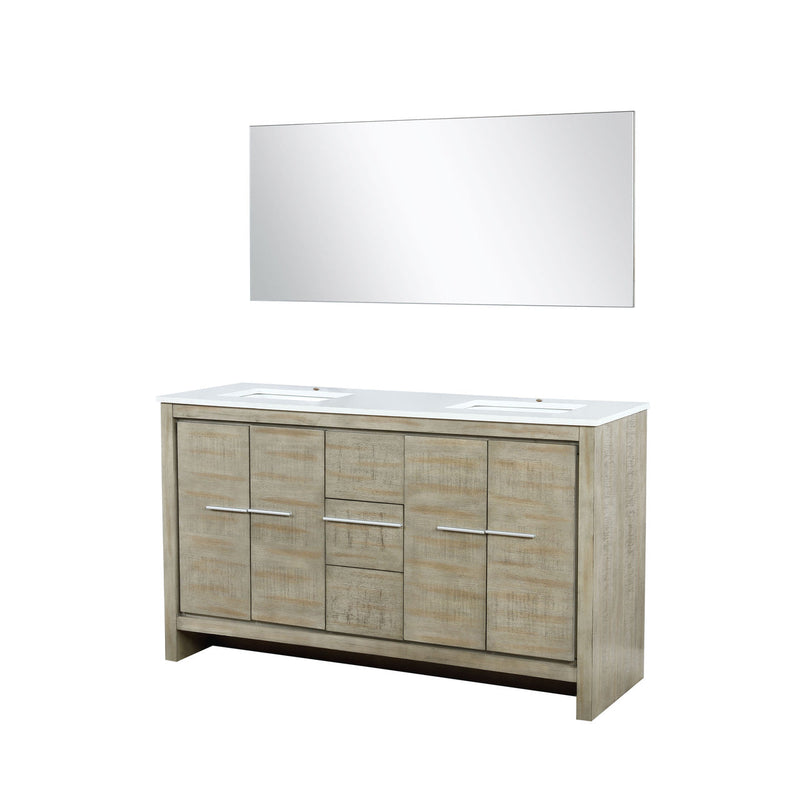 Lexora Lafarre 60" Rustic Acacia Double Bathroom Vanity, White Quartz Top, White Square Sinks, and 55" Frameless Mirror LLF60DKSODM55