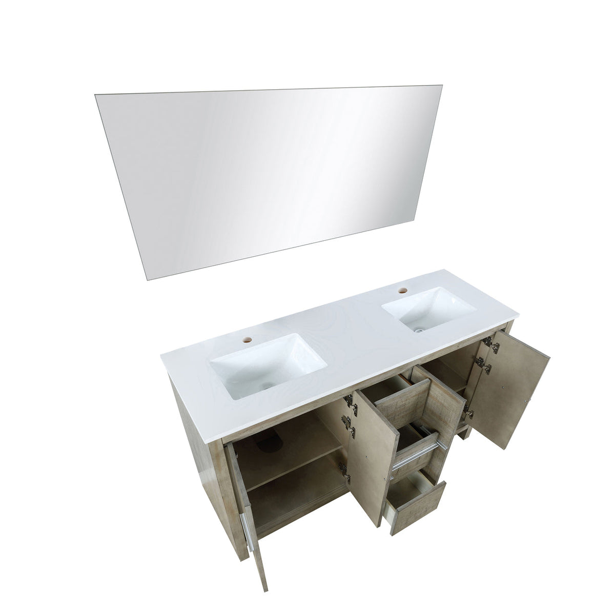 Lexora Lafarre 60" Rustic Acacia Double Bathroom Vanity, White Quartz Top, White Square Sinks, and 55" Frameless Mirror LLF60DKSODM55 - MyBBQDirect