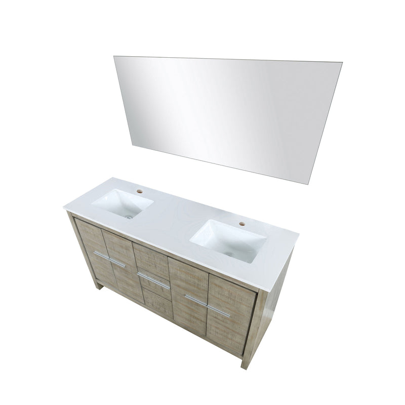 Lexora Lafarre 60" Rustic Acacia Double Bathroom Vanity, White Quartz Top, White Square Sinks, and 55" Frameless Mirror LLF60DKSODM55