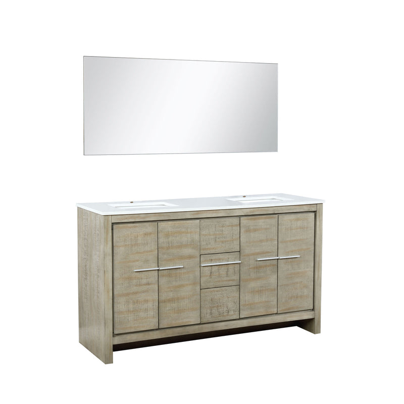 Lexora Lafarre 60" Rustic Acacia Double Bathroom Vanity, White Quartz Top, White Square Sinks, and 55" Frameless Mirror LLF60DKSODM55