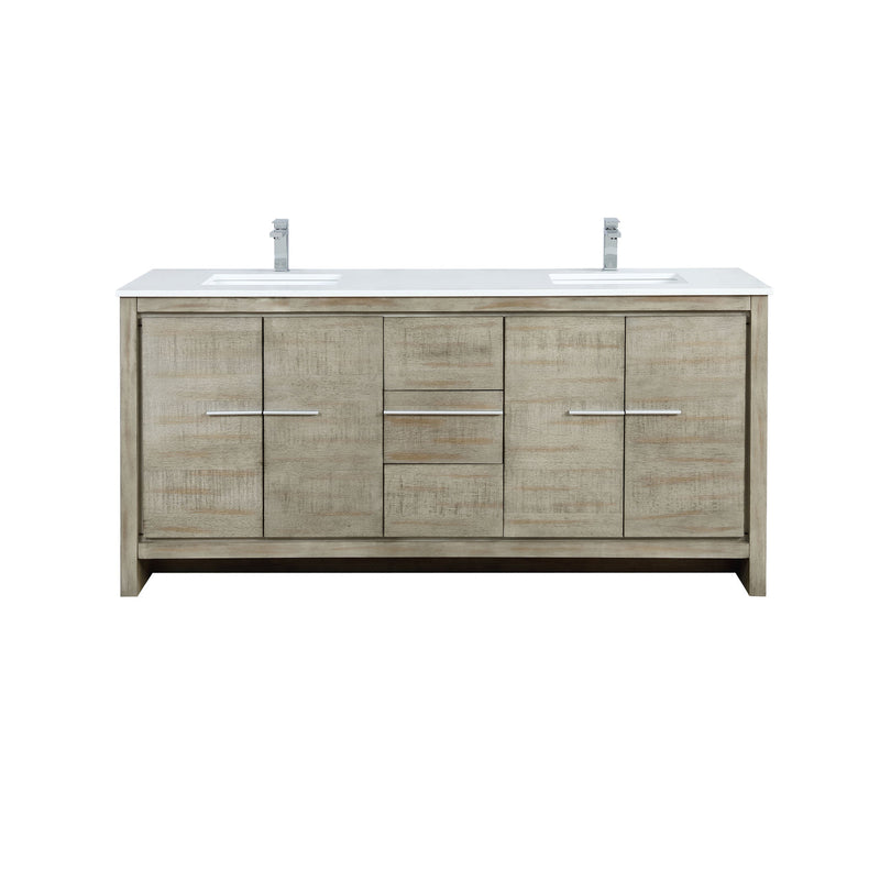 Lexora Lafarre 72" Rustic Acacia Double Bathroom Vanity, White Quartz Top, White Square Sinks, and Labaro Brushed Nickel Faucet Set LLF72DKSOD000FBN