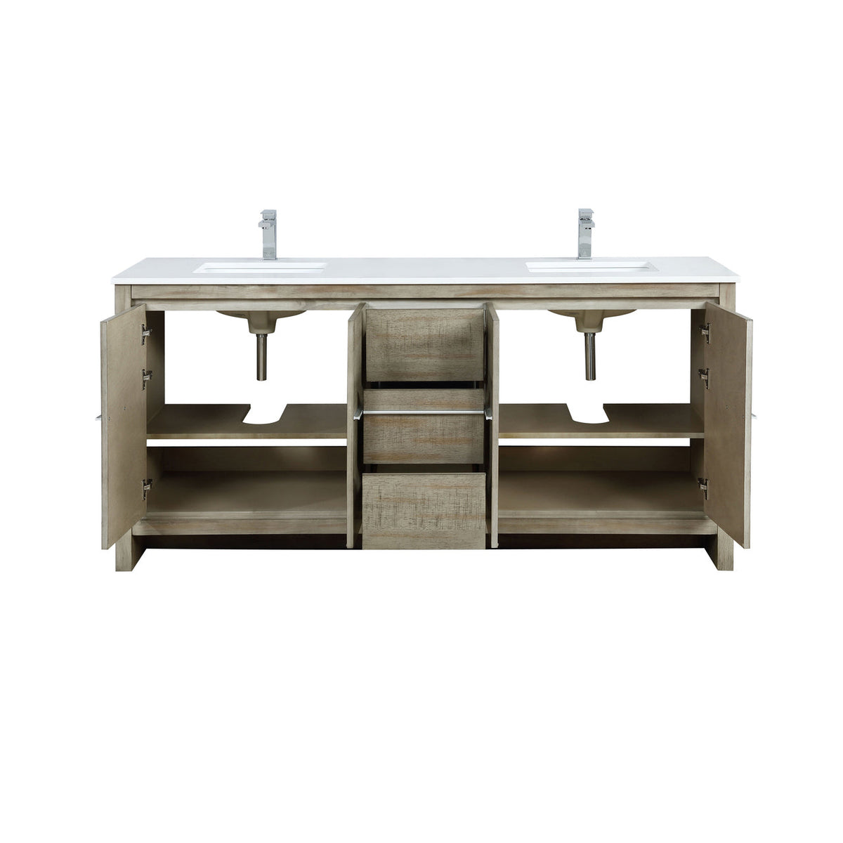 Lexora Lafarre 72" Rustic Acacia Double Bathroom Vanity, White Quartz Top, White Square Sinks, and Labaro Brushed Nickel Faucet Set LLF72DKSOD000FBN - MyBBQDirect
