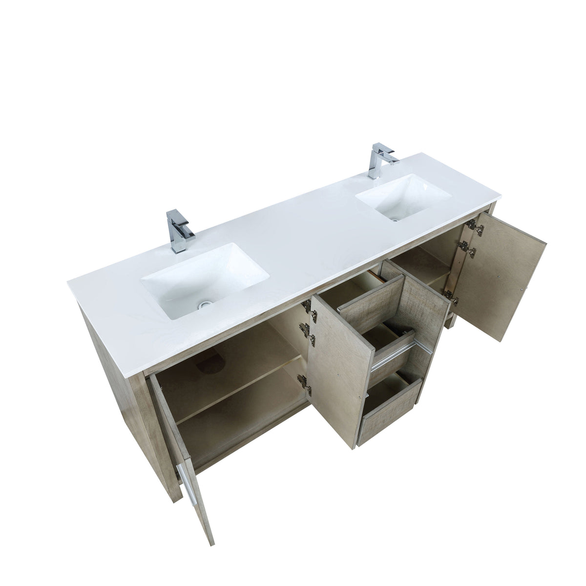 Lexora Lafarre 72" Rustic Acacia Double Bathroom Vanity, White Quartz Top, White Square Sinks, and Labaro Rose Gold Faucet Set LLF72DKSOD000FRG - MyBBQDirect