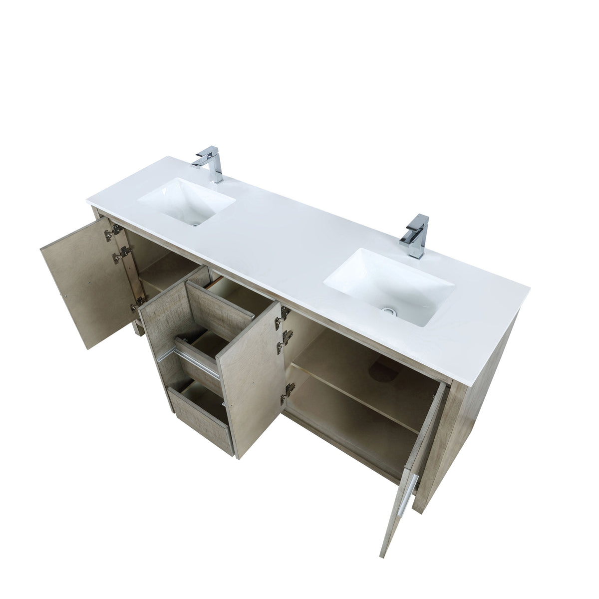 Lexora Lafarre 72" Rustic Acacia Double Bathroom Vanity, White Quartz Top, White Square Sinks, and Labaro Rose Gold Faucet Set LLF72DKSOD000FRG - MyBBQDirect