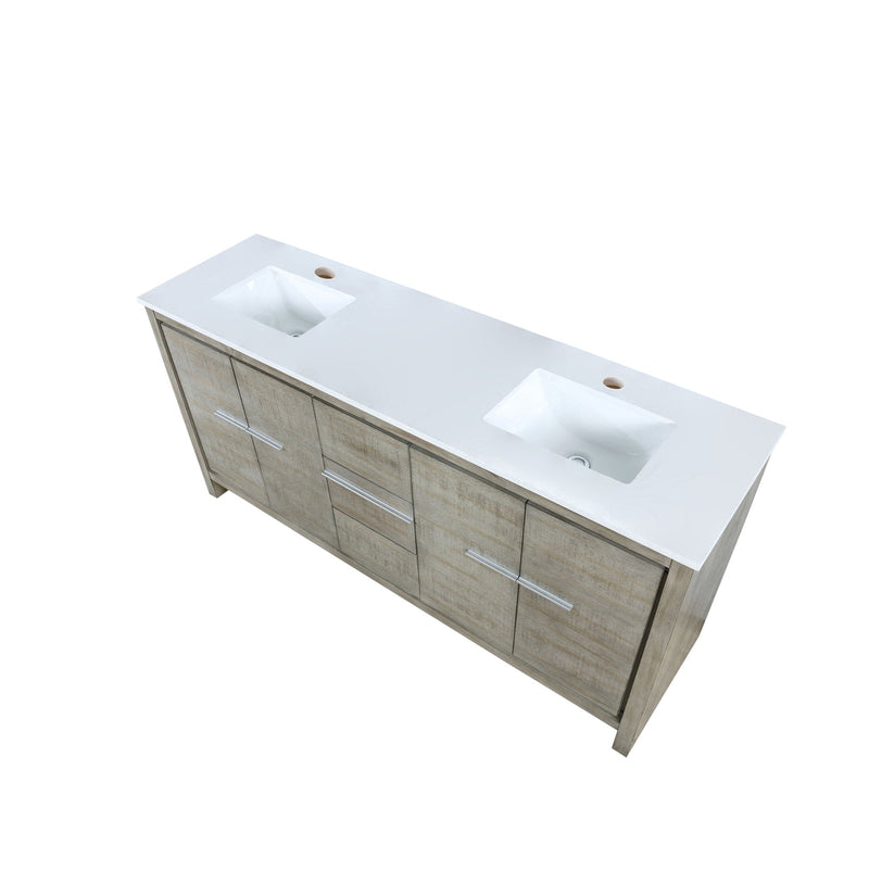 Lexora Lafarre 72" Rustic Acacia Double Bathroom Vanity, White Quartz Top, and White Square Sinks LLF72DKSOD000