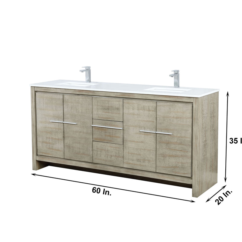 Lexora Lafarre 72" Rustic Acacia Double Bathroom Vanity, White Quartz Top, White Square Sinks, Labaro Brushed Nickel Faucet Set, and 70" Frameless Mirror LLF72DKSODM70FBN