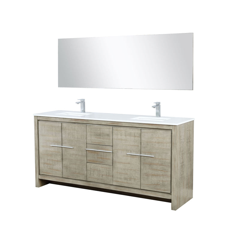 Lexora Lafarre 72" Rustic Acacia Double Bathroom Vanity, White Quartz Top, White Square Sinks, Balzani Gun Metal Faucet Set, and 70" Frameless Mirror LLF72DKSODM70FGM