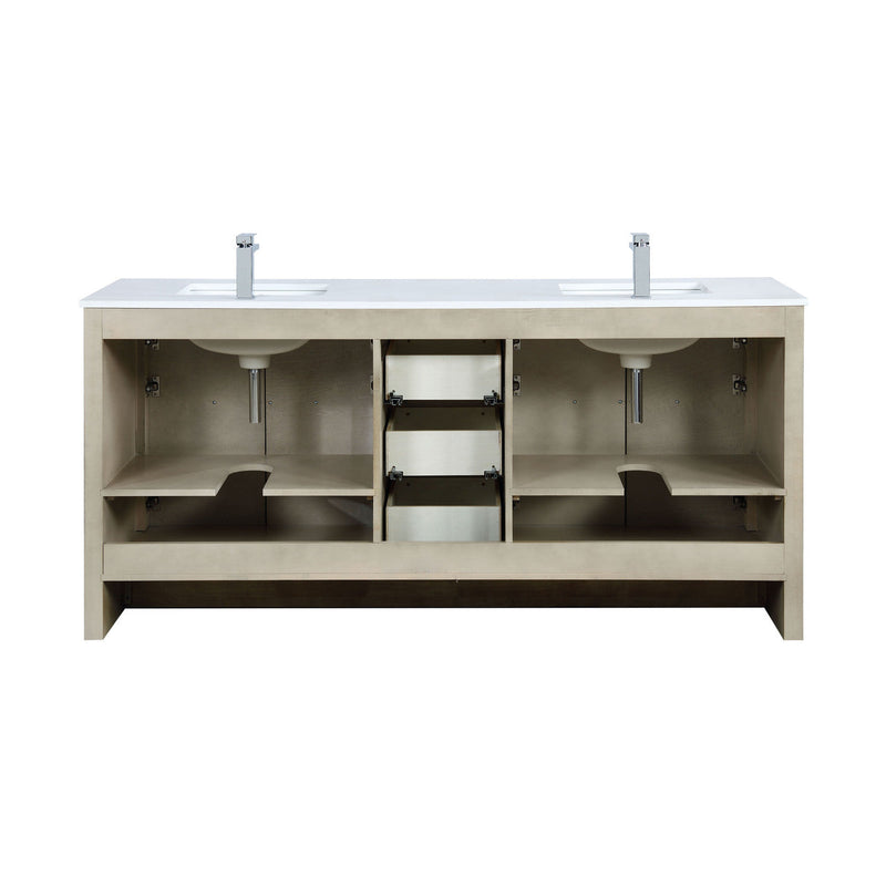 Lexora Lafarre 72" Rustic Acacia Double Bathroom Vanity, White Quartz Top, White Square Sinks, Balzani Gun Metal Faucet Set, and 70" Frameless Mirror LLF72DKSODM70FGM