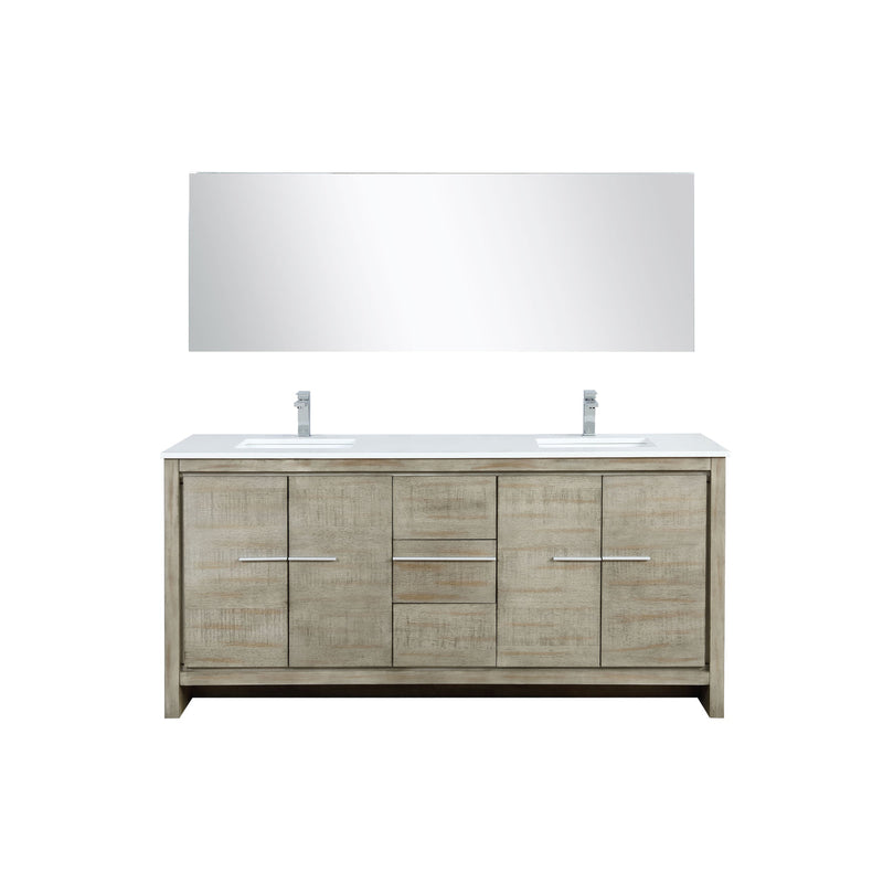 Lexora Lafarre 72" Rustic Acacia Double Bathroom Vanity, White Quartz Top, White Square Sinks, Balzani Gun Metal Faucet Set, and 70" Frameless Mirror LLF72DKSODM70FGM