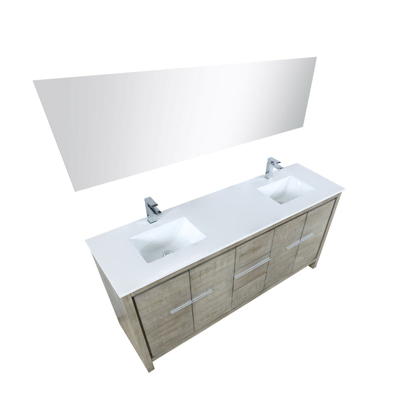 Lexora Lafarre 72" Rustic Acacia Double Bathroom Vanity, White Quartz Top, White Square Sinks, Balzani Gun Metal Faucet Set, and 70" Frameless Mirror LLF72DKSODM70FGM