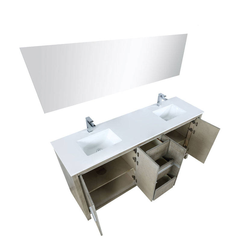 Lexora Lafarre 72" Rustic Acacia Double Bathroom Vanity, White Quartz Top, White Square Sinks, Balzani Gun Metal Faucet Set, and 70" Frameless Mirror LLF72DKSODM70FGM