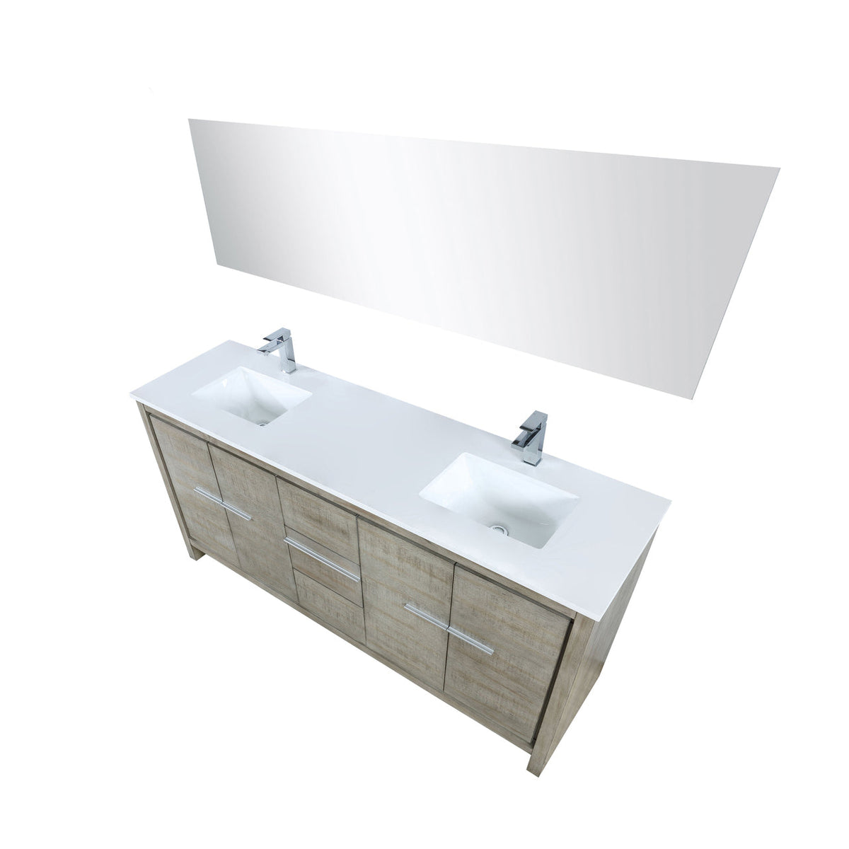 Lexora Lafarre 72" Rustic Acacia Double Bathroom Vanity, White Quartz Top, White Square Sinks, Balzani Gun Metal Faucet Set, and 70" Frameless Mirror LLF72DKSODM70FGM - MyBBQDirect