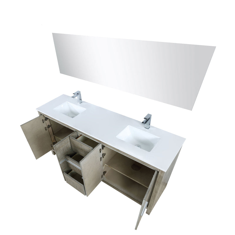 Lexora Lafarre 72" Rustic Acacia Double Bathroom Vanity, White Quartz Top, White Square Sinks, Balzani Gun Metal Faucet Set, and 70" Frameless Mirror LLF72DKSODM70FGM