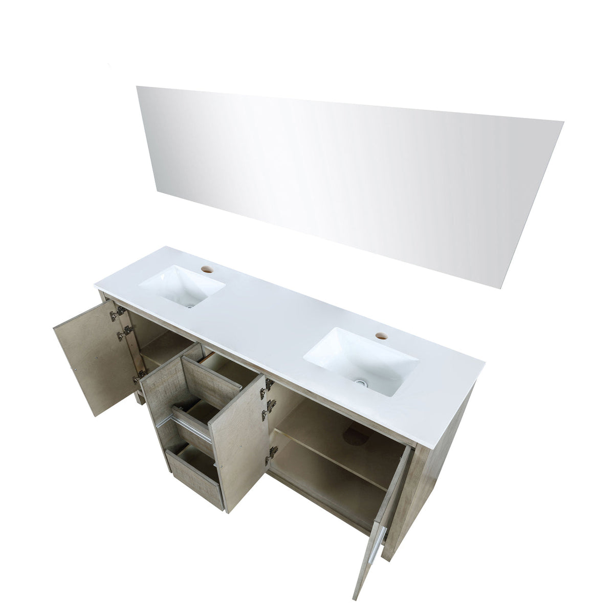 Lexora Lafarre 72" Rustic Acacia Double Bathroom Vanity, White Quartz Top, White Square Sinks, and 70" Frameless Mirror LLF72DKSODM70 - MyBBQDirect