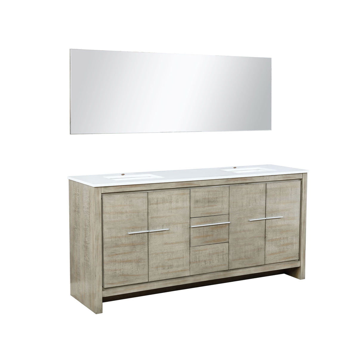 Lexora Lafarre 72" Rustic Acacia Double Bathroom Vanity, White Quartz Top, White Square Sinks, and 70" Frameless Mirror LLF72DKSODM70 - MyBBQDirect