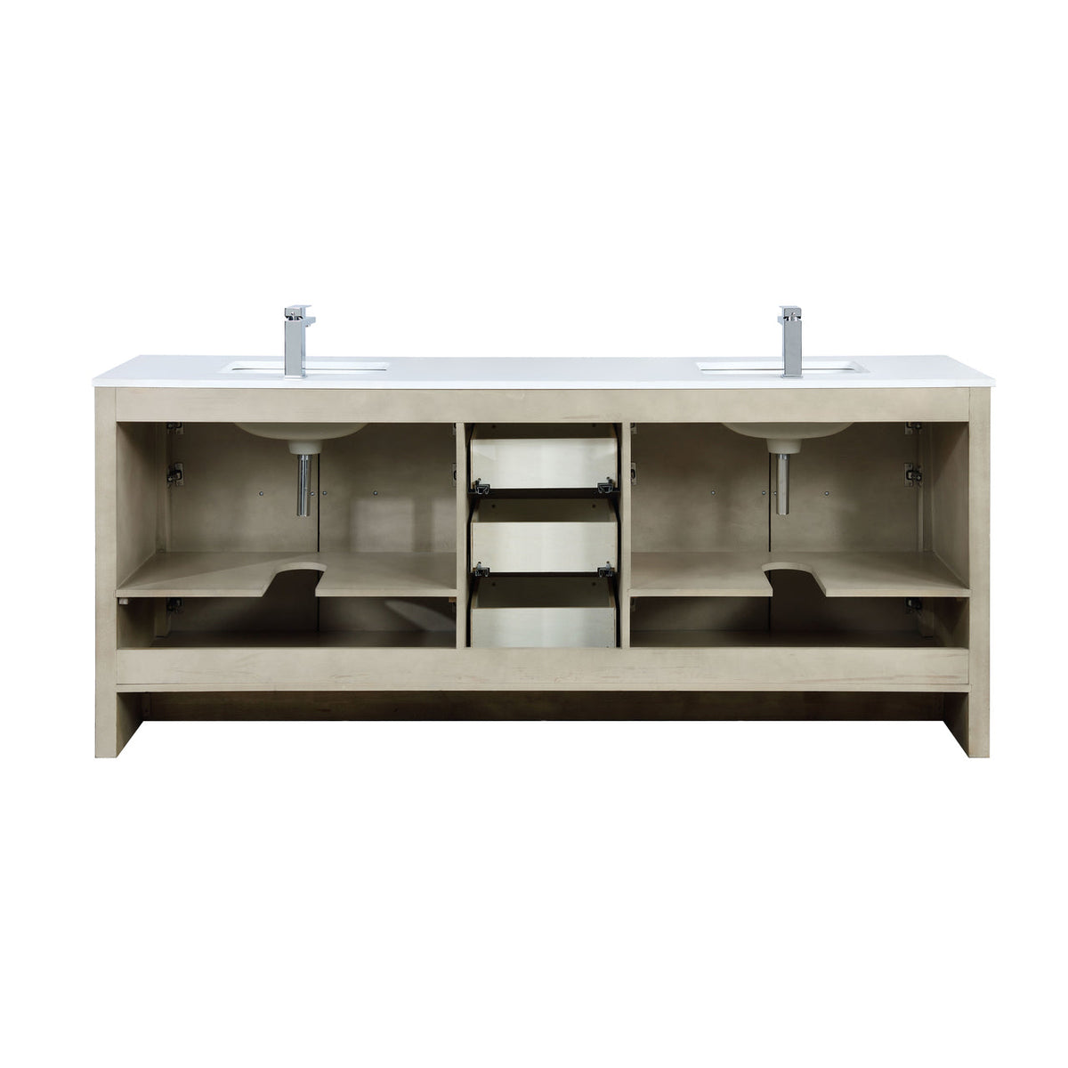 Lexora  Lafarre 80" Rustic Acacia Double Bathroom Vanity, White Quartz Top, White Square Sinks, and Labaro Brushed Nickel Faucet Set LLF80DKSOD000FBN - MyBBQDirect