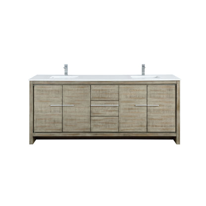 Lexora  Lafarre 80" Rustic Acacia Double Bathroom Vanity, White Quartz Top, White Square Sinks, and Labaro Brushed Nickel Faucet Set LLF80DKSOD000FBN - MyBBQDirect