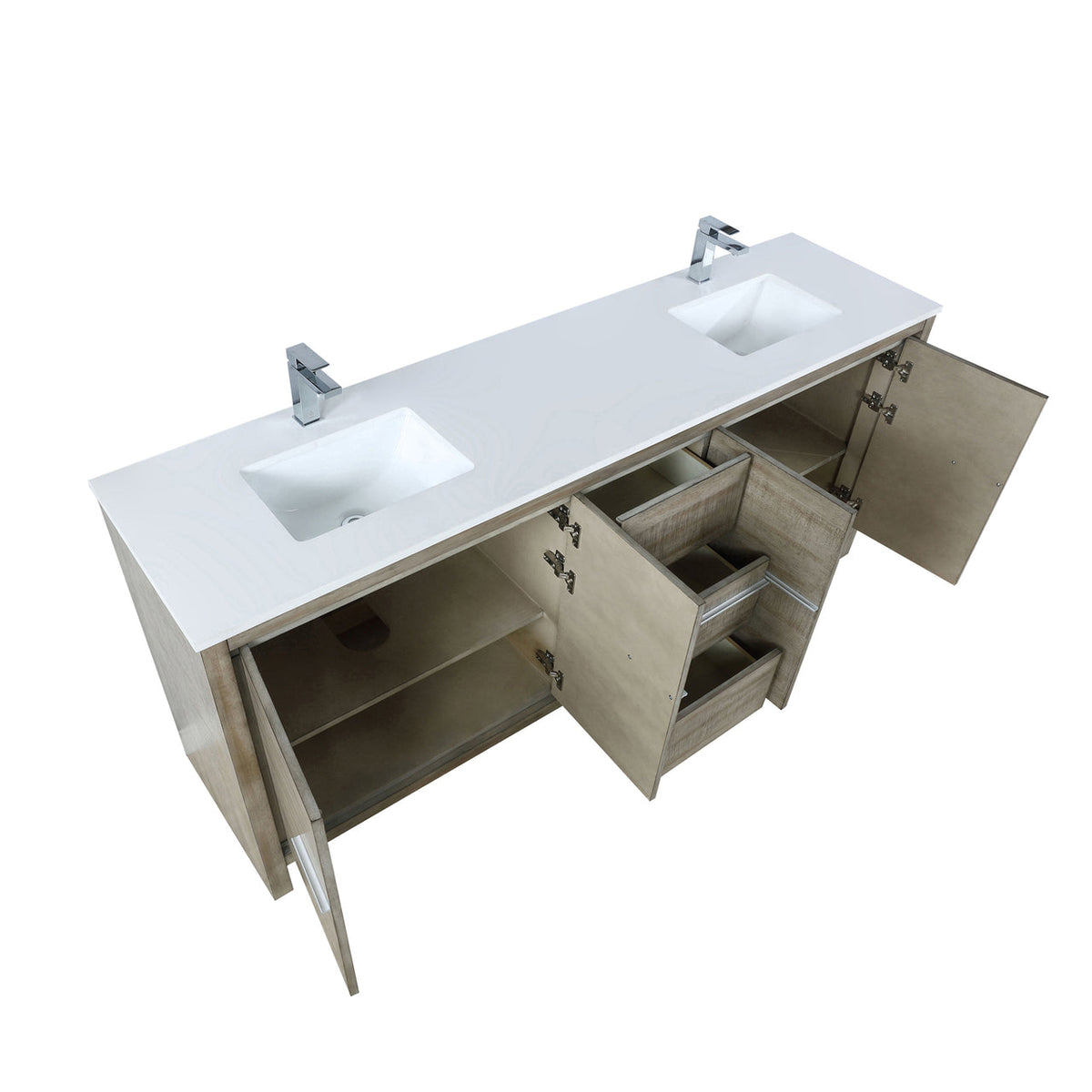 Lexora  Lafarre 80" Rustic Acacia Double Bathroom Vanity, White Quartz Top, White Square Sinks, and Labaro Brushed Nickel Faucet Set LLF80DKSOD000FBN - MyBBQDirect