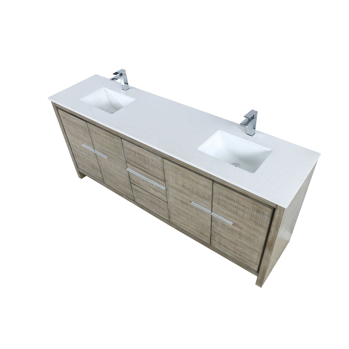 Lexora  Lafarre 80" Rustic Acacia Double Bathroom Vanity, White Quartz Top, White Square Sinks, and Labaro Brushed Nickel Faucet Set LLF80DKSOD000FBN - MyBBQDirect