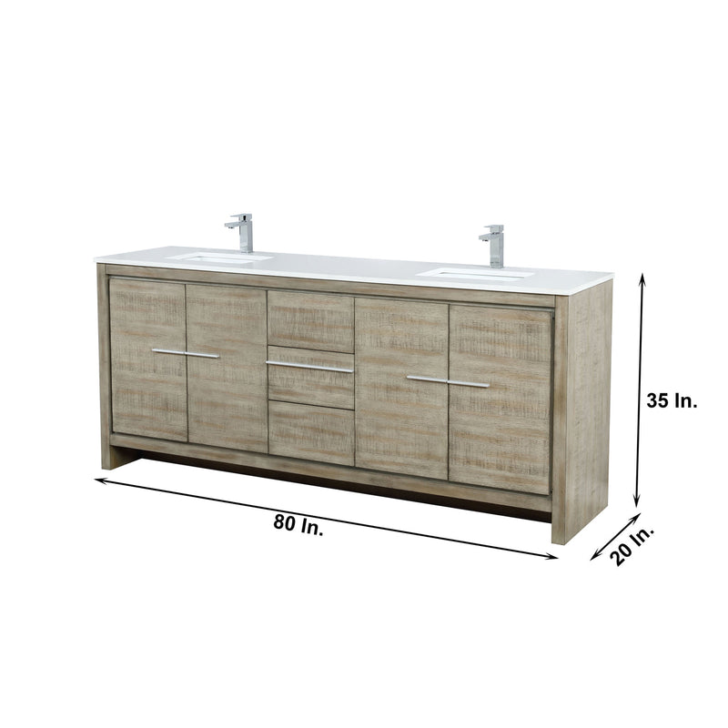 Lexora  Lafarre 80" Rustic Acacia Double Bathroom Vanity, White Quartz Top, White Square Sinks, Labaro Brushed Nickel Faucet Set, and 70" Frameless Mirror LLF80DKSODM70FBN