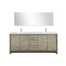 Lexora  Lafarre 80" Rustic Acacia Double Bathroom Vanity, White Quartz Top, White Square Sinks, Labaro Brushed Nickel Faucet Set, and 70" Frameless Mirror LLF80DKSODM70FBN