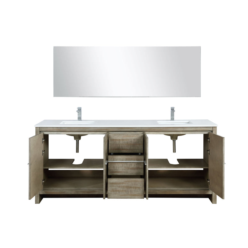 Lexora  Lafarre 80" Rustic Acacia Double Bathroom Vanity, White Quartz Top, White Square Sinks, Labaro Brushed Nickel Faucet Set, and 70" Frameless Mirror LLF80DKSODM70FBN