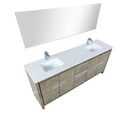 Lexora  Lafarre 80" Rustic Acacia Double Bathroom Vanity, White Quartz Top, White Square Sinks, Labaro Brushed Nickel Faucet Set, and 70" Frameless Mirror LLF80DKSODM70FBN