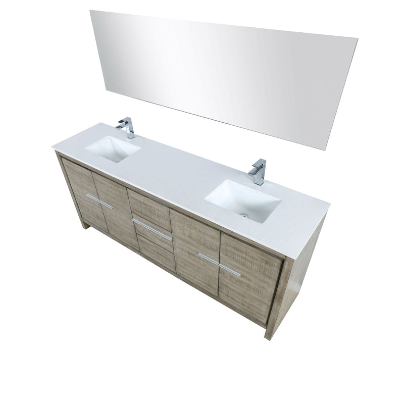 Lexora  Lafarre 80" Rustic Acacia Double Bathroom Vanity, White Quartz Top, White Square Sinks, Labaro Brushed Nickel Faucet Set, and 70" Frameless Mirror LLF80DKSODM70FBN