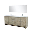 Lexora Lafarre 80" Rustic Acacia Double Bathroom Vanity, White Quartz Top, White Square Sinks, Balzani Gun Metal Faucet Set, and 70" Frameless Mirror LLF80DKSODM70FGM