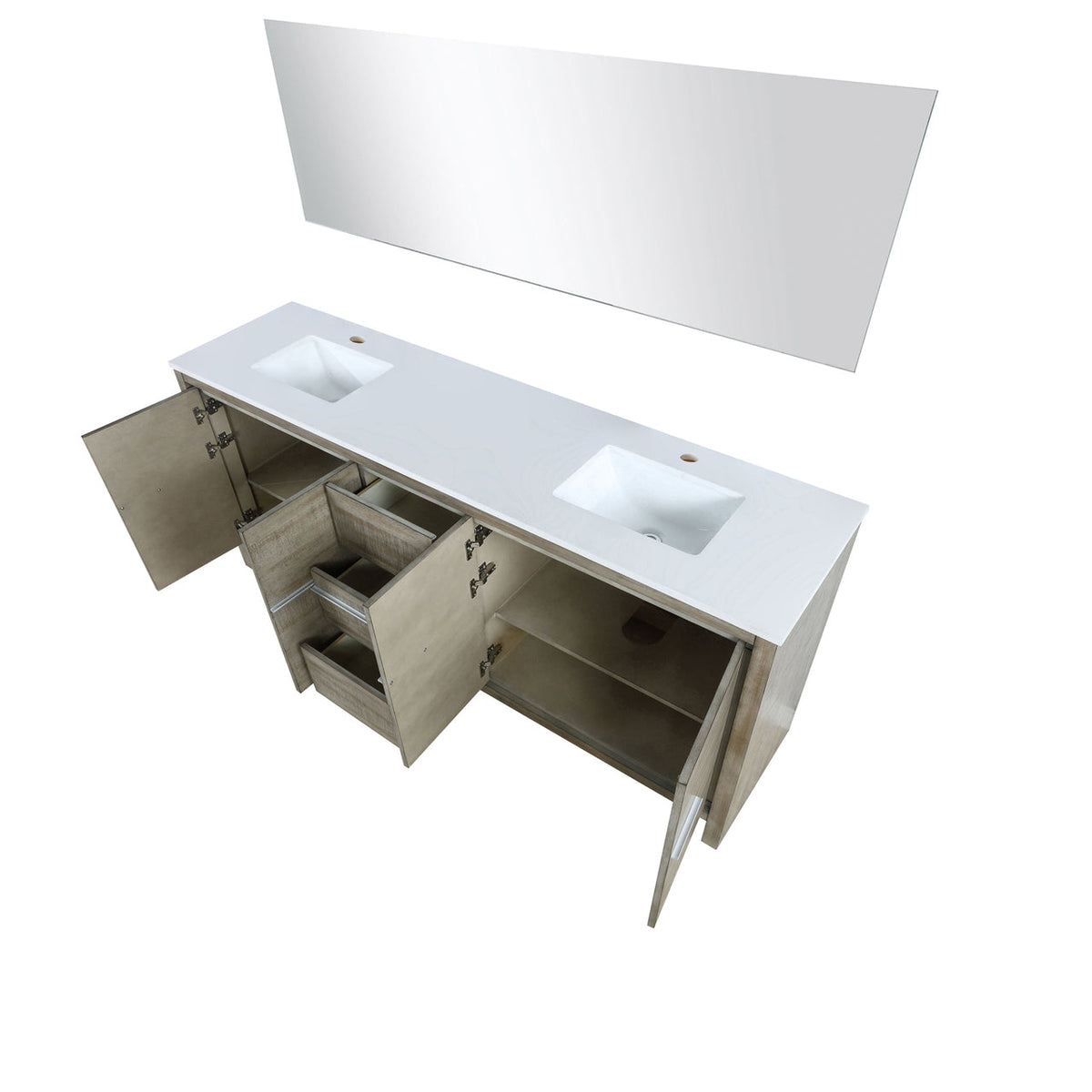 Lexora Lafarre 80" Rustic Acacia Double Bathroom Vanity, White Quartz Top, White Square Sinks, and 70" Frameless Mirror LLF80DKSODM70 - MyBBQDirect