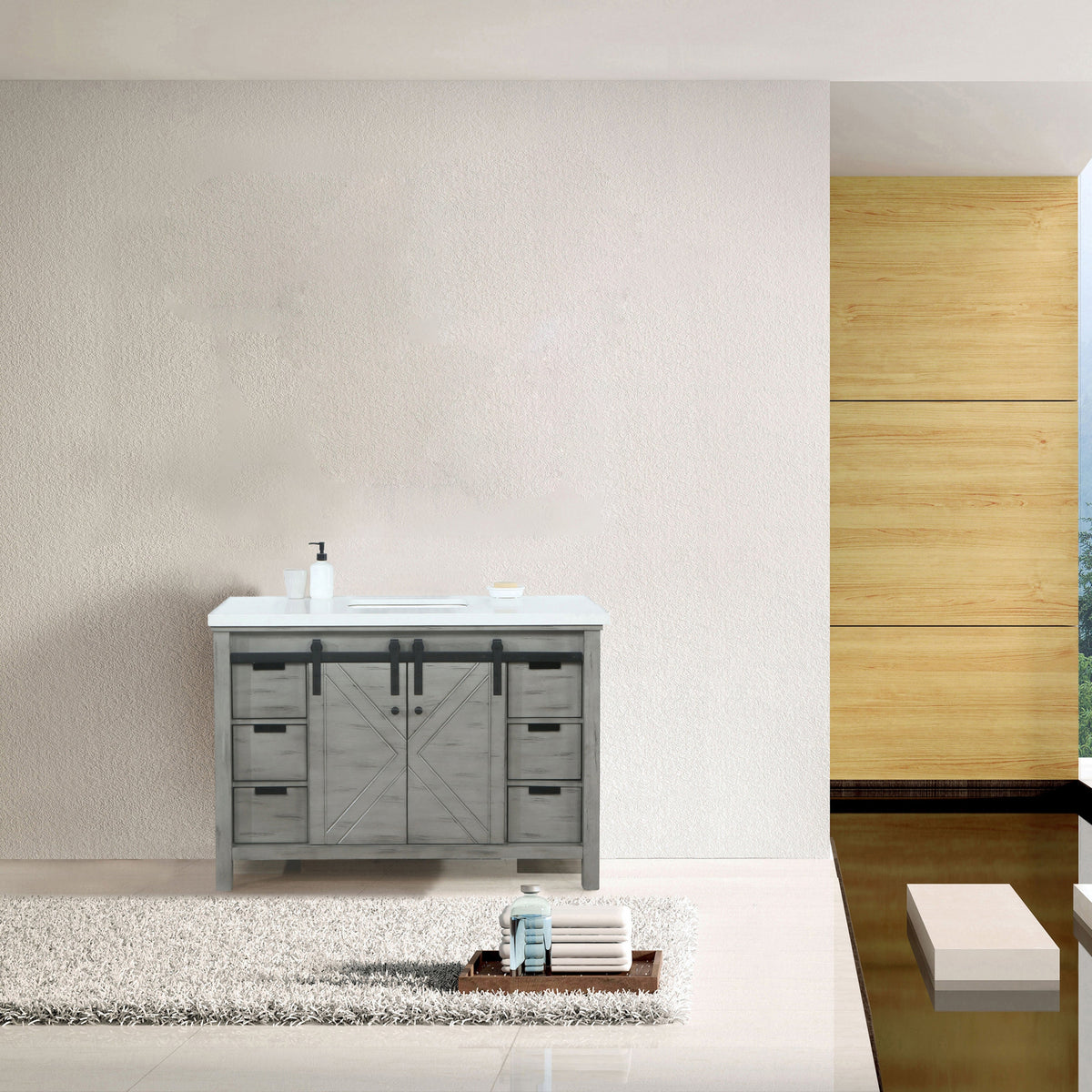 Lexora  Marsyas 48" Ash Grey Single Vanity, White Quartz Top, White Square Sink and no Mirror LM342248SHCS000 - MyBBQDirect