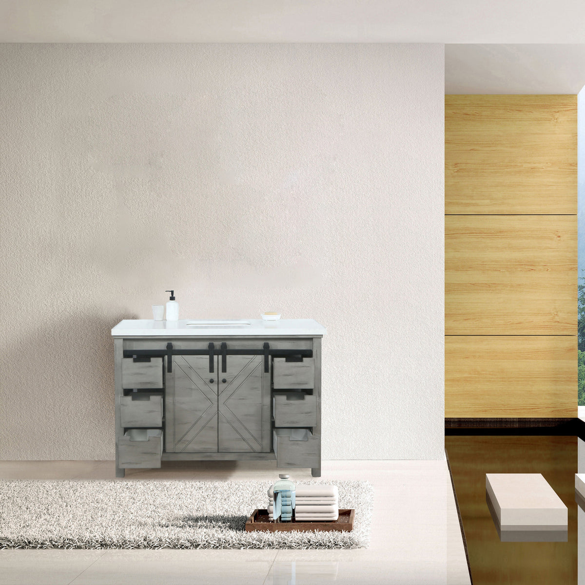 Lexora  Marsyas 48" Ash Grey Single Vanity, White Quartz Top, White Square Sink and no Mirror LM342248SHCS000 - MyBBQDirect