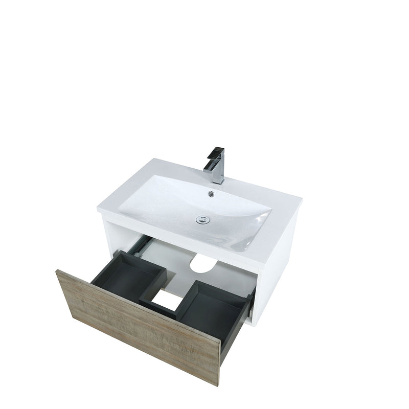 Lexora Scopi 30" Rustic Acacia Bathroom Vanity, Acrylic Composite Top with Integrated Sink, and Labaro Brushed Nickel Faucet Set LSC30SRAOS000FBN