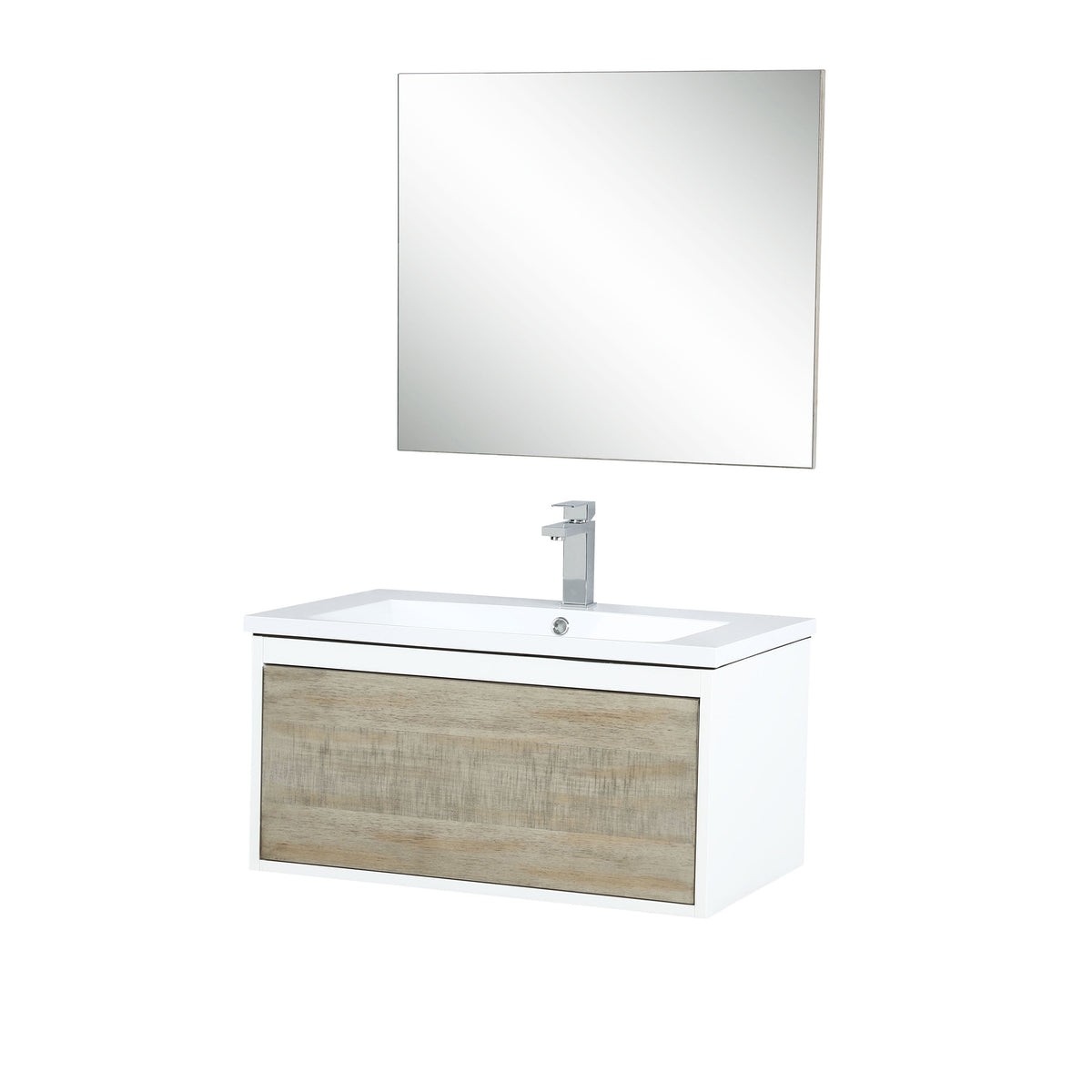 Lexora Scopi 30" Rustic Acacia Bathroom Vanity, Acrylic Composite Top with Integrated Sink, Labaro Brushed Nickel Faucet Set, and 28" Frameless Mirror LSC30SRAOSM28FBN - MyBBQDirect