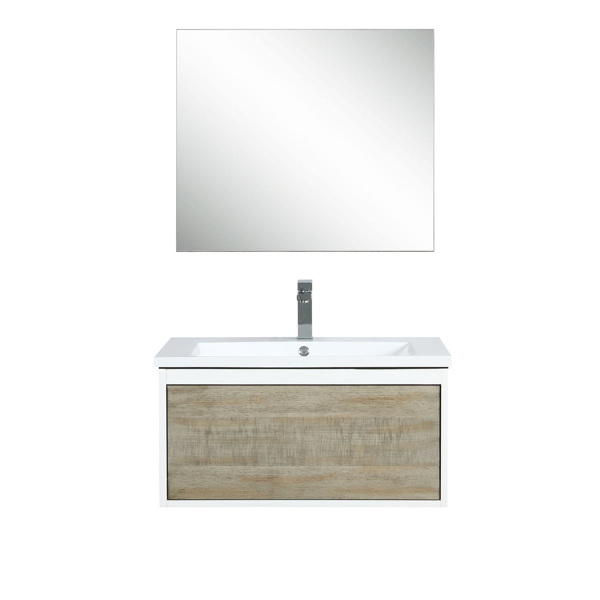Lexora Scopi 30" Rustic Acacia Bathroom Vanity, Acrylic Composite Top with Integrated Sink, Labaro Brushed Nickel Faucet Set, and 28" Frameless Mirror LSC30SRAOSM28FBN - MyBBQDirect