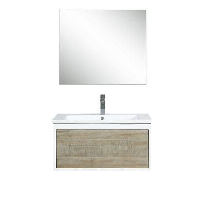 Lexora Scopi 30" Rustic Acacia Bathroom Vanity, Acrylic Composite Top with Integrated Sink, Labaro Brushed Nickel Faucet Set, and 28" Frameless Mirror LSC30SRAOSM28FBN - MyBBQDirect