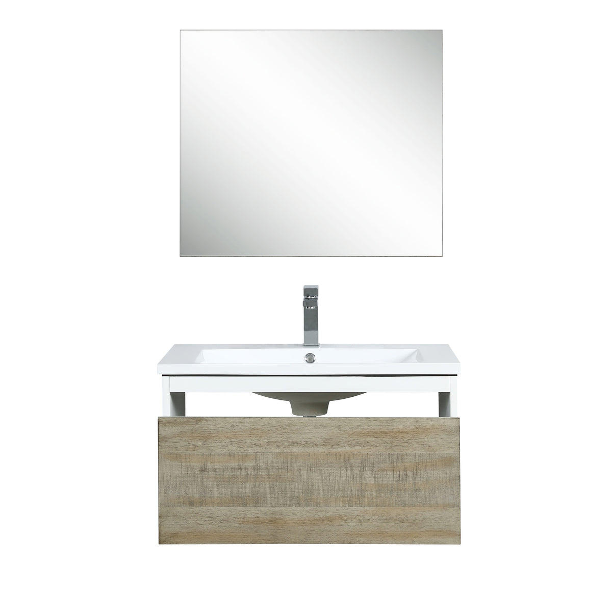 Lexora Scopi 30" Rustic Acacia Bathroom Vanity, Acrylic Composite Top with Integrated Sink, Labaro Brushed Nickel Faucet Set, and 28" Frameless Mirror LSC30SRAOSM28FBN - MyBBQDirect
