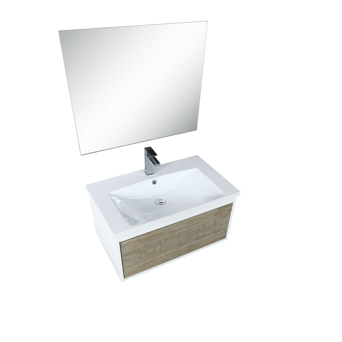Lexora Scopi 30" Rustic Acacia Bathroom Vanity, Acrylic Composite Top with Integrated Sink, Labaro Brushed Nickel Faucet Set, and 28" Frameless Mirror LSC30SRAOSM28FBN - MyBBQDirect