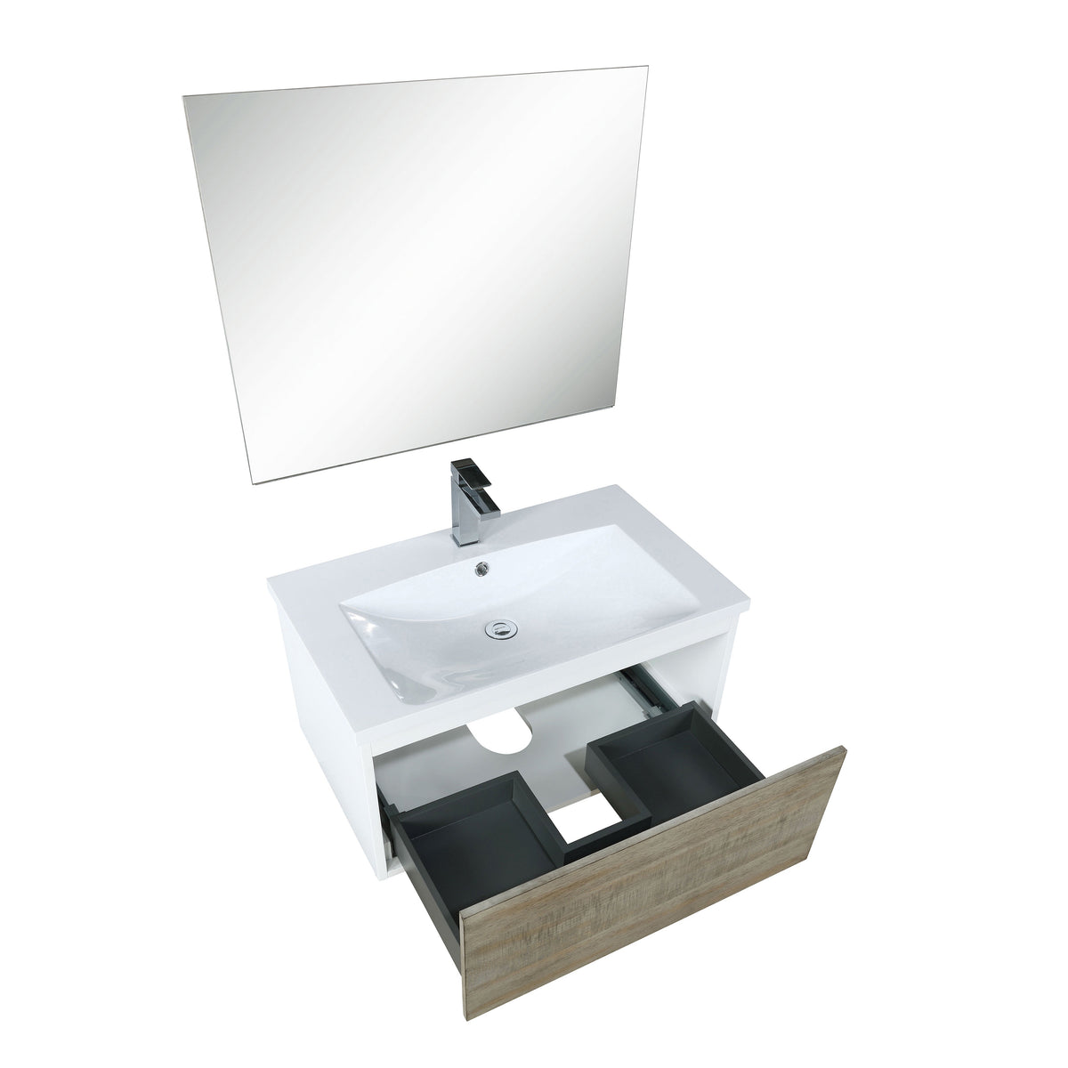 Lexora Scopi 30" Rustic Acacia Bathroom Vanity, Acrylic Composite Top with Integrated Sink, Labaro Brushed Nickel Faucet Set, and 28" Frameless Mirror LSC30SRAOSM28FBN - MyBBQDirect