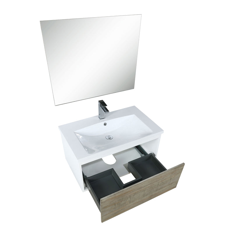 Lexora Scopi 30" Rustic Acacia Bathroom Vanity, Acrylic Composite Top with Integrated Sink, Labaro Brushed Nickel Faucet Set, and 28" Frameless Mirror LSC30SRAOSM28FBN