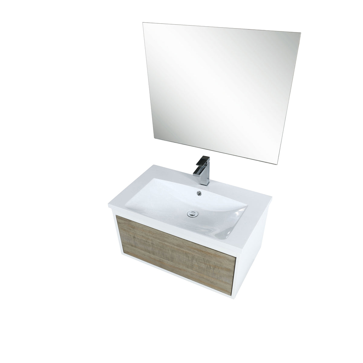 Lexora Scopi 30" Rustic Acacia Bathroom Vanity, Acrylic Composite Top with Integrated Sink, Labaro Brushed Nickel Faucet Set, and 28" Frameless Mirror LSC30SRAOSM28FBN - MyBBQDirect